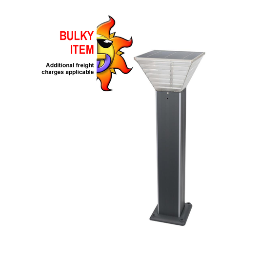 An industrial bollard in grey with a solar panel on top and a polycarbonate lens, featuring a surface mounted base and an optional LED strip for decorative appeal.