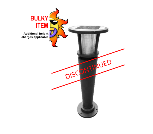 Black industrial bollard light with LEDs and a solar panel, featuring a powder-coated finish and a polycarbonate lens.