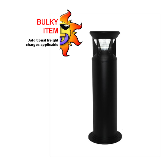 Black industrial bollard light with LEDs and a solar panel, featuring a powder-coated finish and a polycarbonate lens.