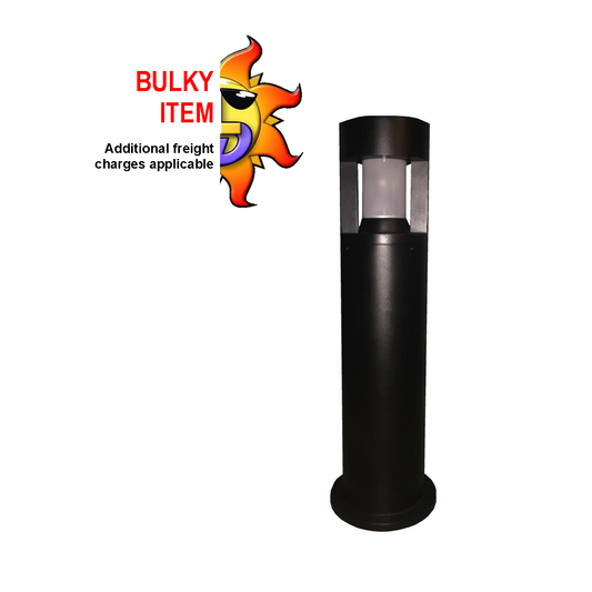 Black industrial bollard light with LEDs and a solar panel, featuring a powder-coated finish and a polycarbonate lens.