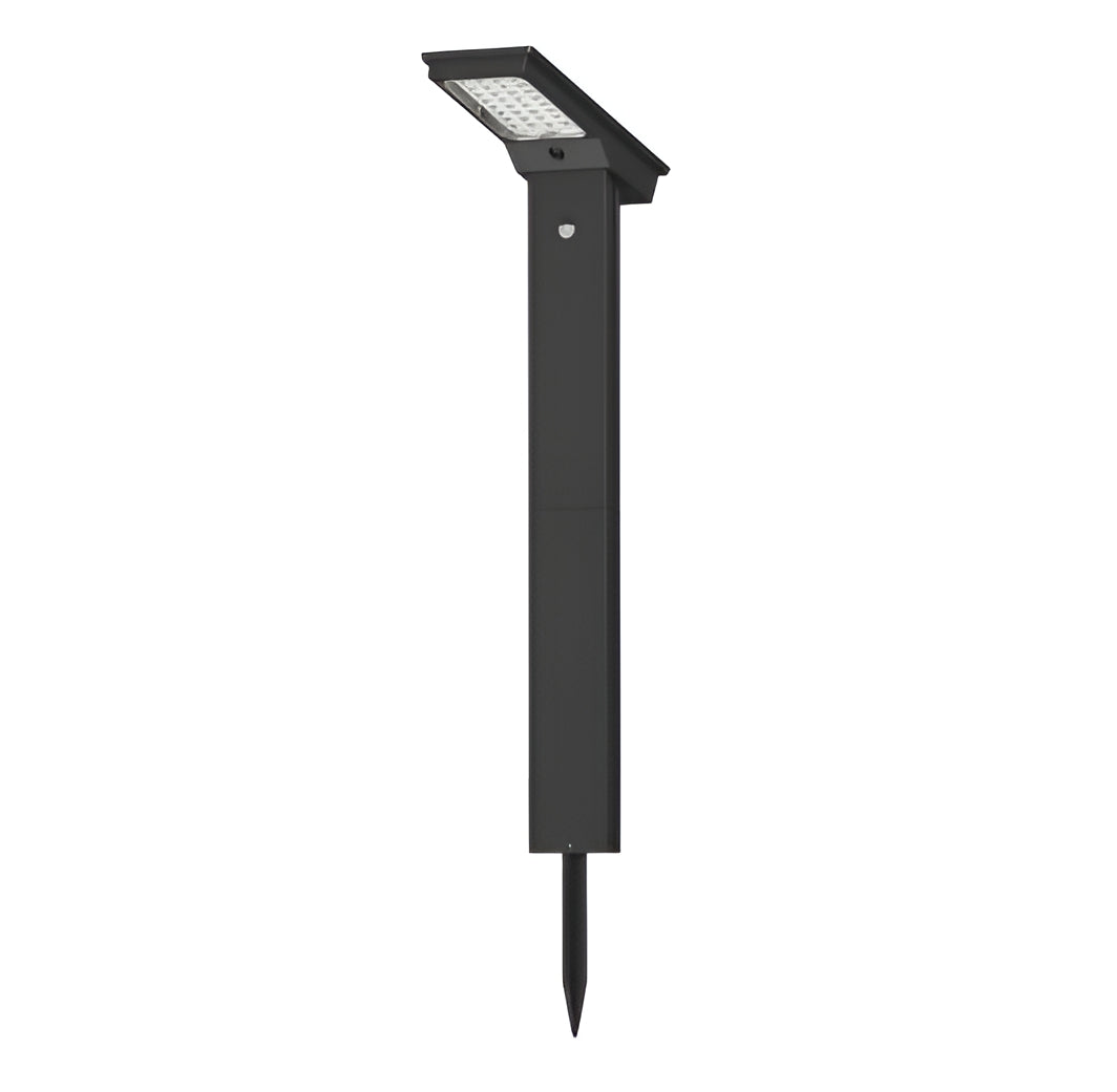 Black solar-powered bollard light with ground spike and motion sensor