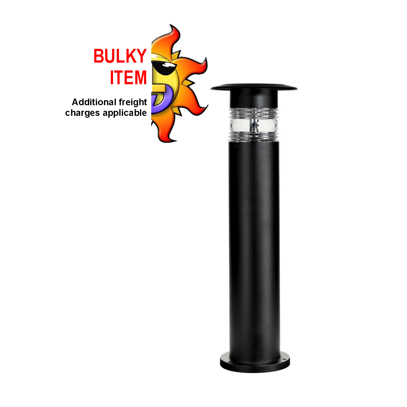 Black commercial bollard light with LEDs and a solar panel, featuring a powder-coated finish