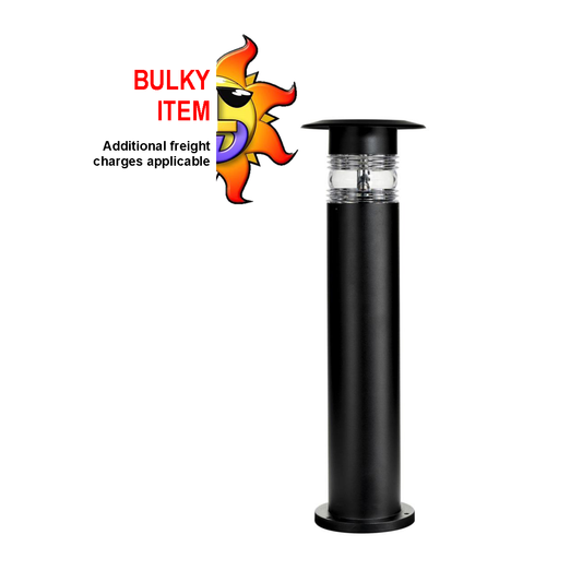 Black commercial bollard light with LEDs and a solar panel, featuring a powder-coated finish