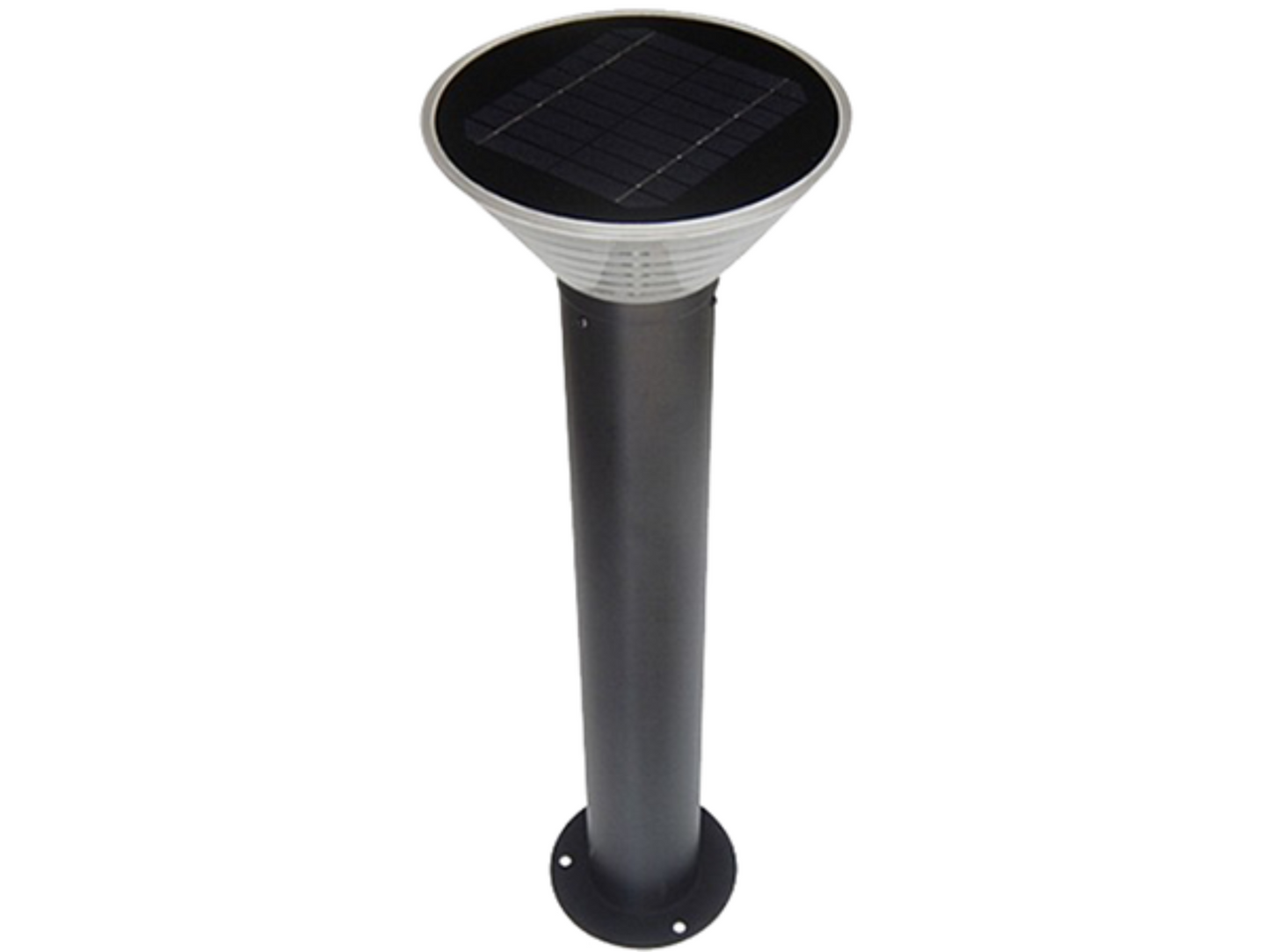 Black commercial bollard light with LEDs and a solar panel, featuring a powder-coated finish
