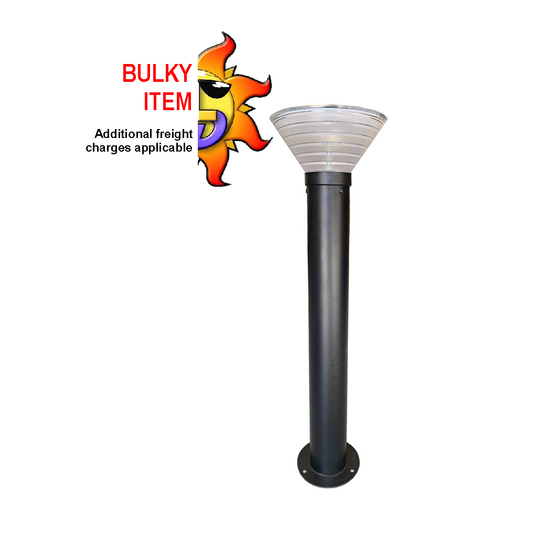 Black commercial bollard light with LEDs and a solar panel, featuring a powder-coated finish