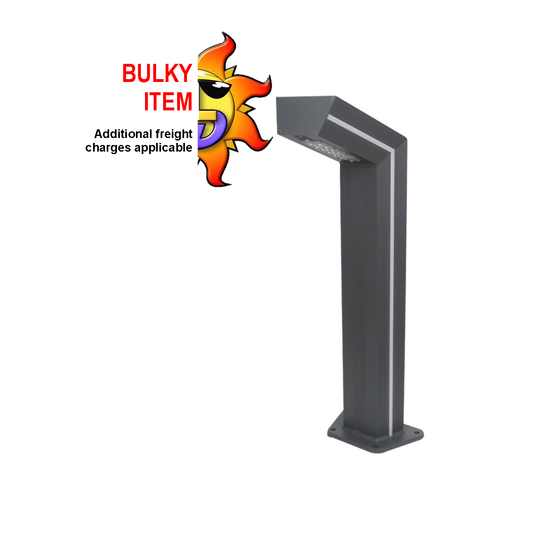 An industrial bollard in grey with a solar panel on top and a polycarbonate lens, featuring a surface mounted base and an optional LED strip for decorative appeal.