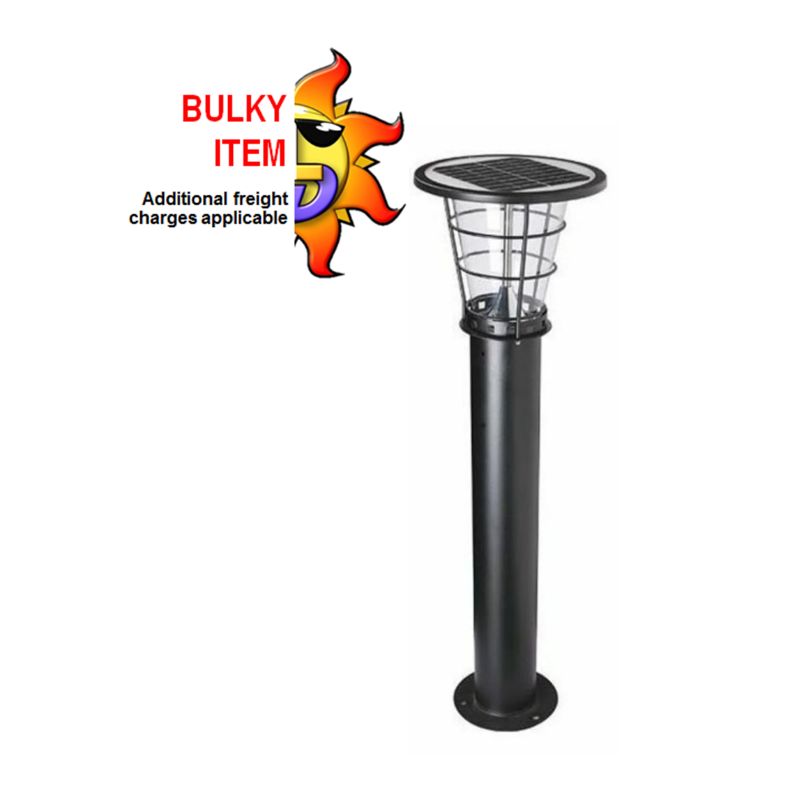 Black commercial solar bollard light with LEDs and a solar panel, with a black powder-coated finish
