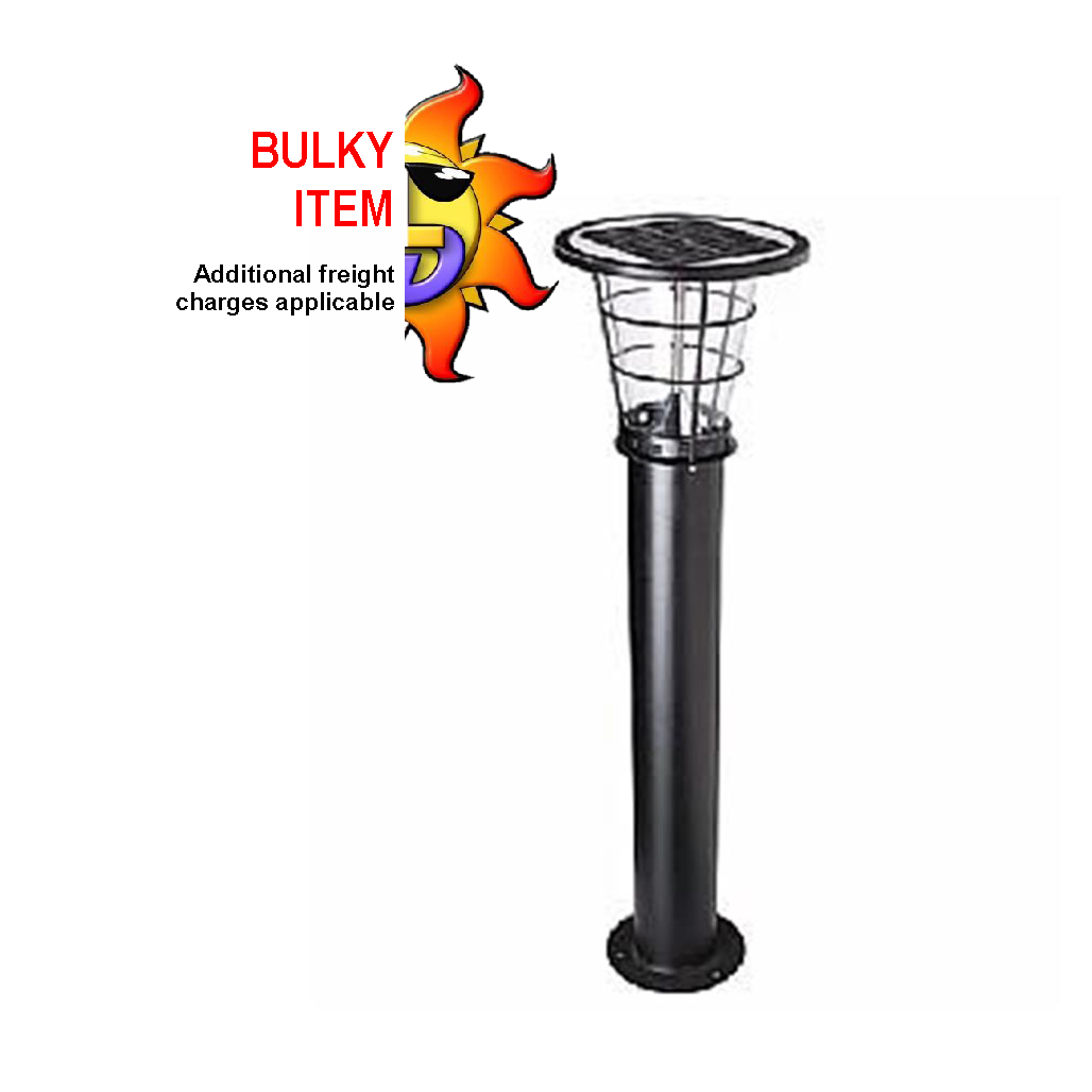 Black commercial bollard light with LEDs and a solar panel, featuring a powder-coated finish