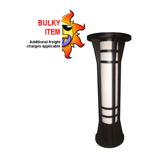 Black industrial bollard light with LEDs and a solar panel, featuring a powder-coated finish and a polycarbonate lens.