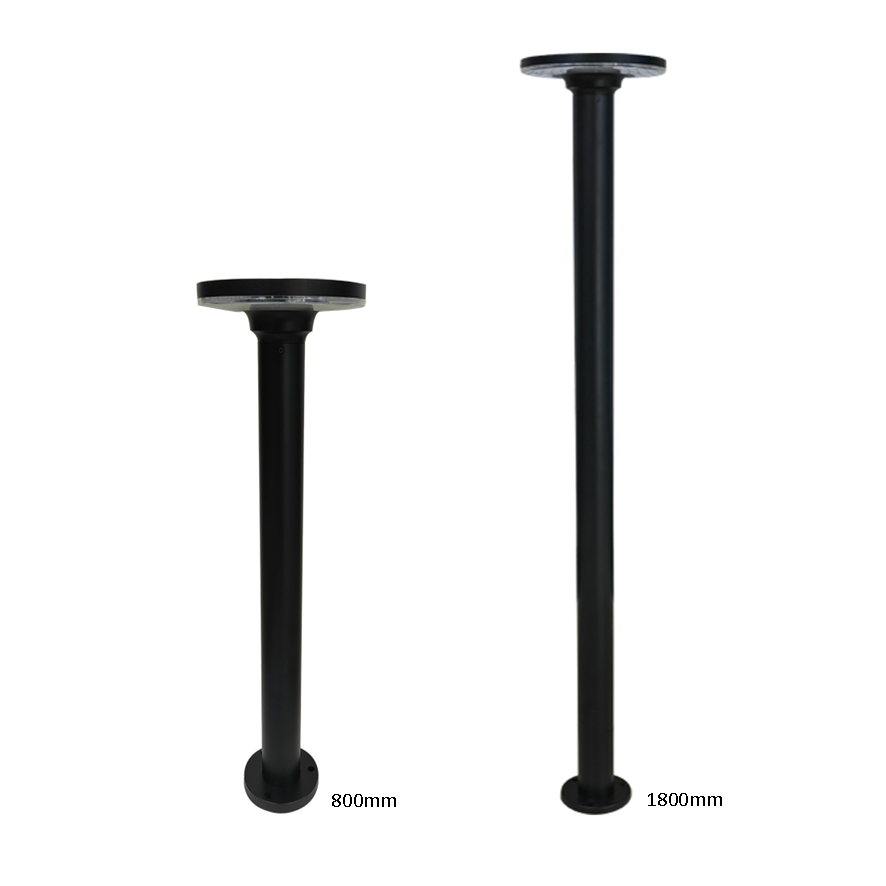 A black, vertical bollard to post light shown in bollard form and post form