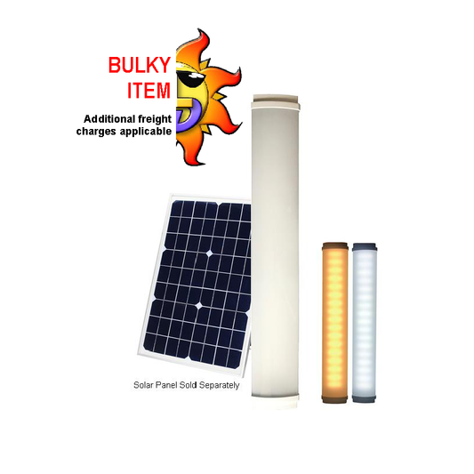 Solar batten lights with dual colour LEDs, solar panel, and remote control. Available in  18W & 24W.