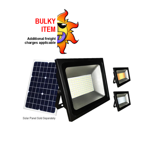 Dual colour solar LED flood light made of die-cast aluminium powder coated black. Solar panel sold separately.