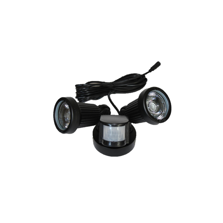 Solar LED twin flood light constructed of die-cast aluminium powder coated black with PIR sensor.