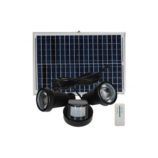 Solar LED twin flood light constructed of die-cast aluminium powder coated black, with PIR sensor, solar panel, and remote.