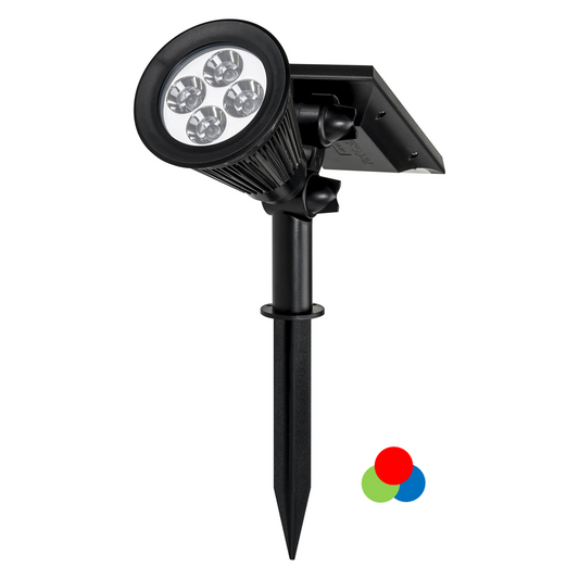 A black solar garden spot light with a mounted solar and ground spike, designed for outdoor use.