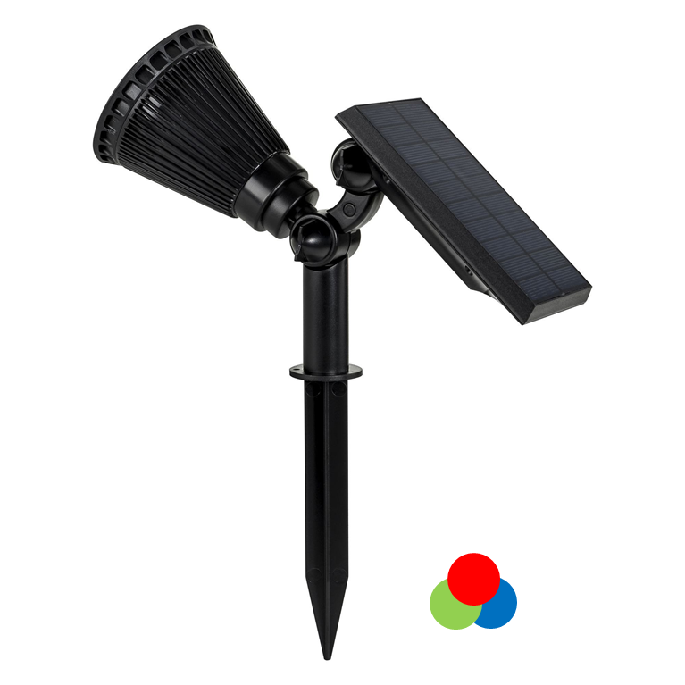 A black solar garden spot light with a mounted solar and ground spike, designed for outdoor use.