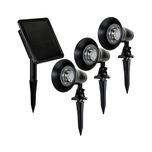 3-pack of black solar garden spot lights with a solar panel and ground spikes, designed for outdoor use.