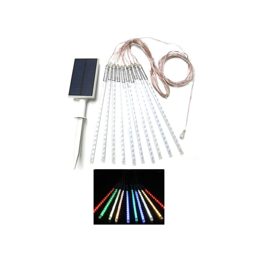 A set of solar-powered meteor lights with RGB LEDs, including a remote solar panel and cables for connection.