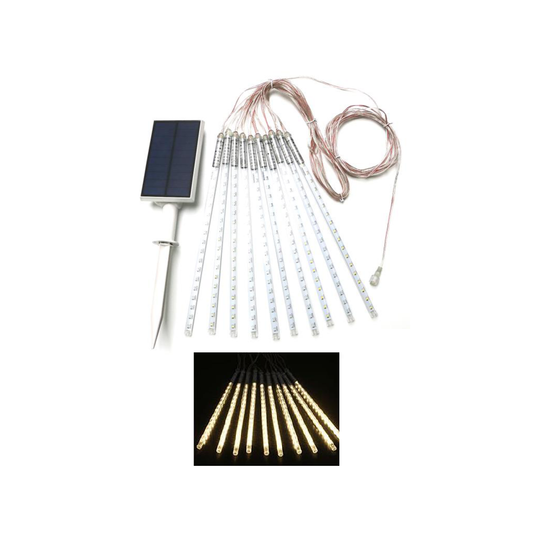 A set of solar-powered meteor lights with warm white LEDs, including a remote solar panel and cables for connection.