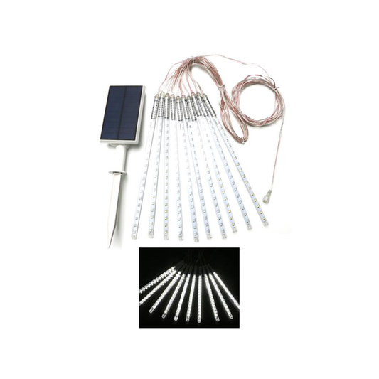 A set of solar-powered meteor lights with cool white LEDs, including a remote solar panel and cables for connection.