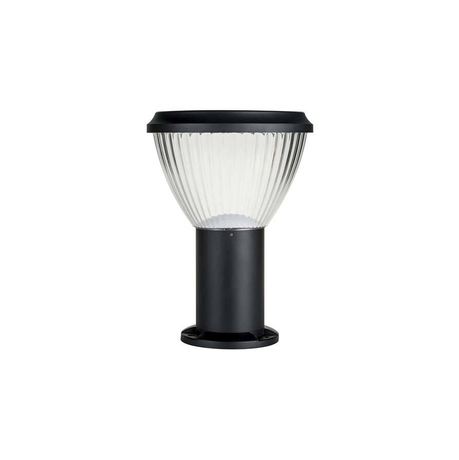 Modern commercial solar pillar light with a black powder coat, featuring a built-in solar panel and LED lights, on a surface mounted base.