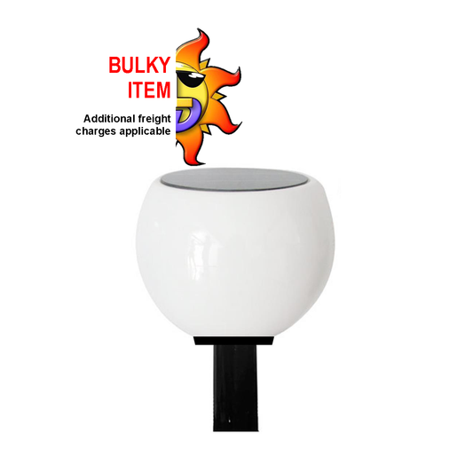 A white spherical solar post light with a black base, featuring a built-in solar panel, designed to be mounted on a post.