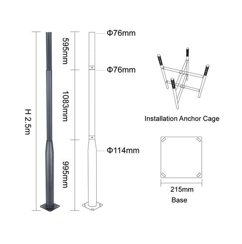 Dimensions of 2.5m sectional steel pole with rag bolt assembly for outdoor lighting