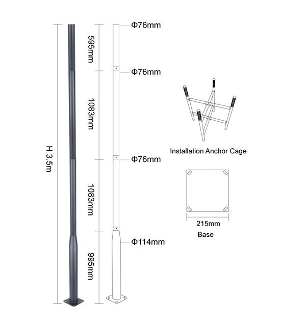 Dimensions of 3.5m sectional steel pole with rag bolt assembly for outdoor lighting