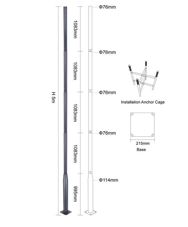 Dimensions of 5m sectional steel pole with rag bolt assembly for outdoor lighting