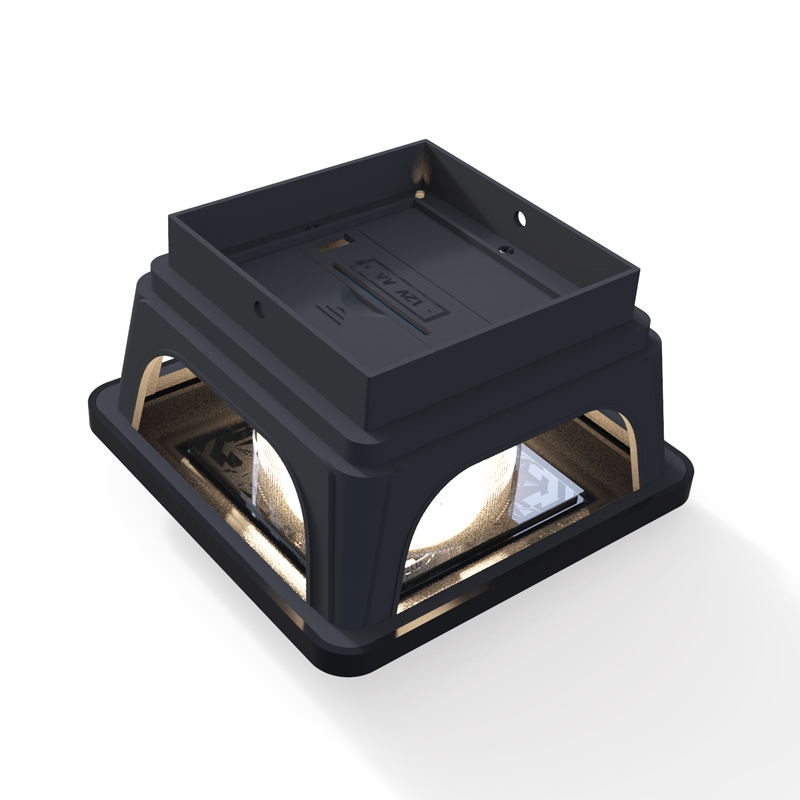 A black post topper upside down to show the base which mounts onto posts.