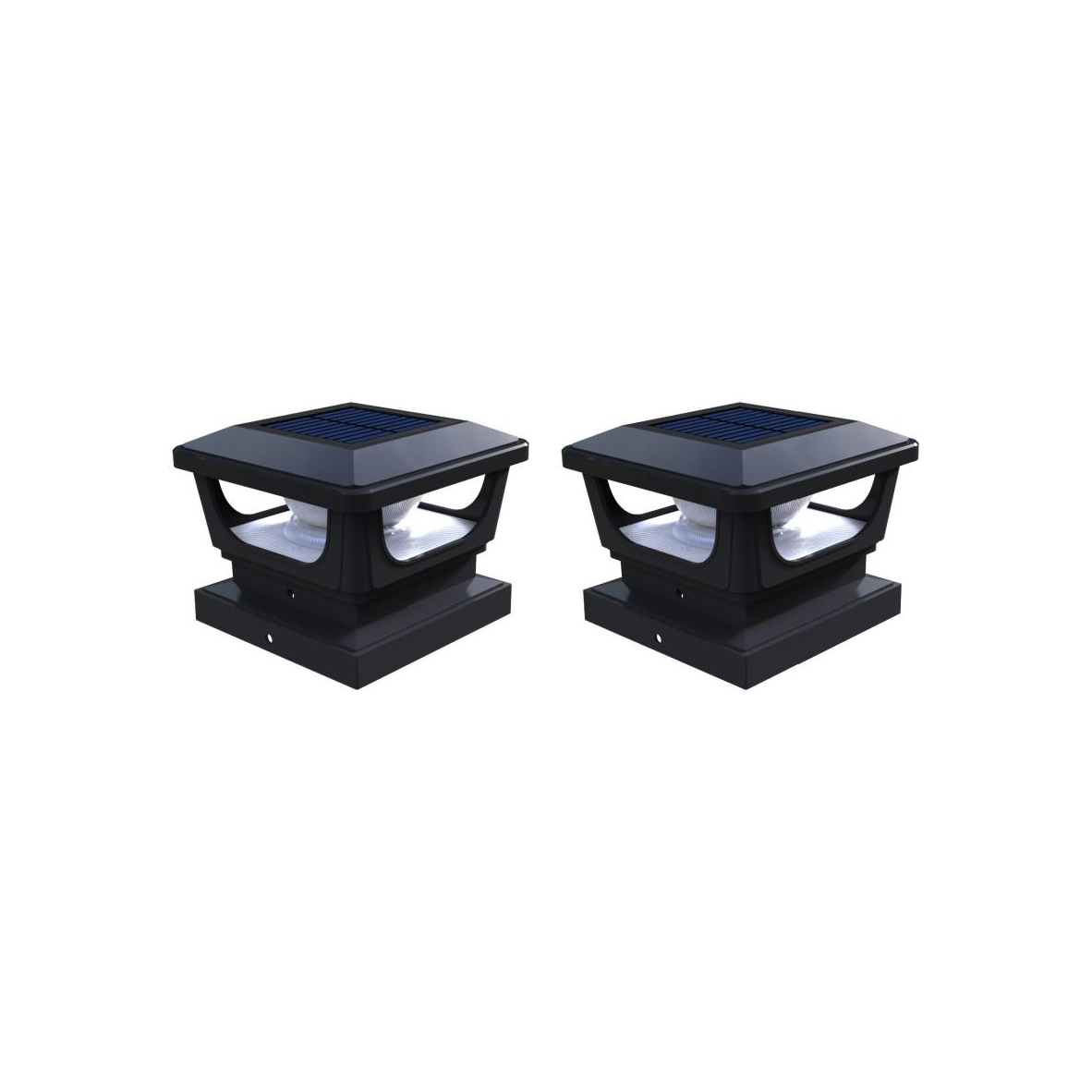 Two black post toppers with solar panels on top, designed for garden or pathway lighting.