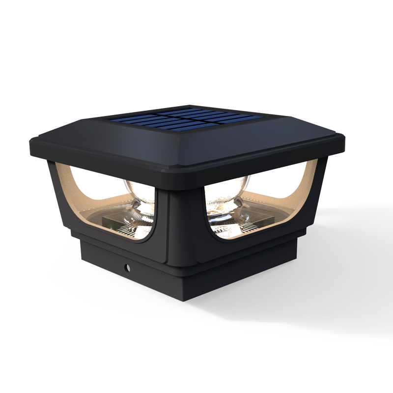 A black post topper emitting light. Designed for garden or pathway lighting.
