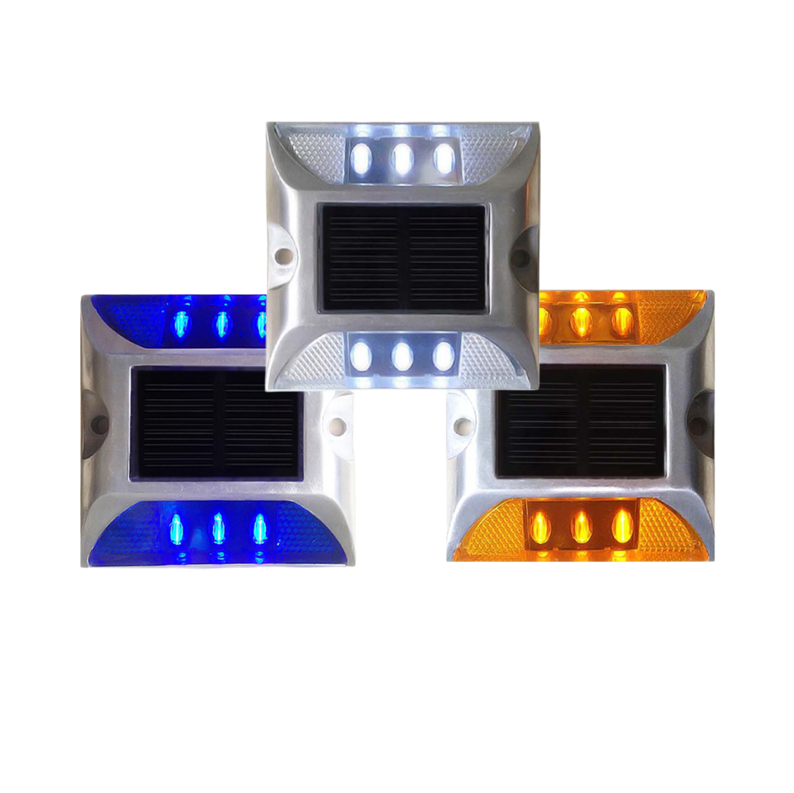 Three solar powered LED road stud lights in blue, white, and amber