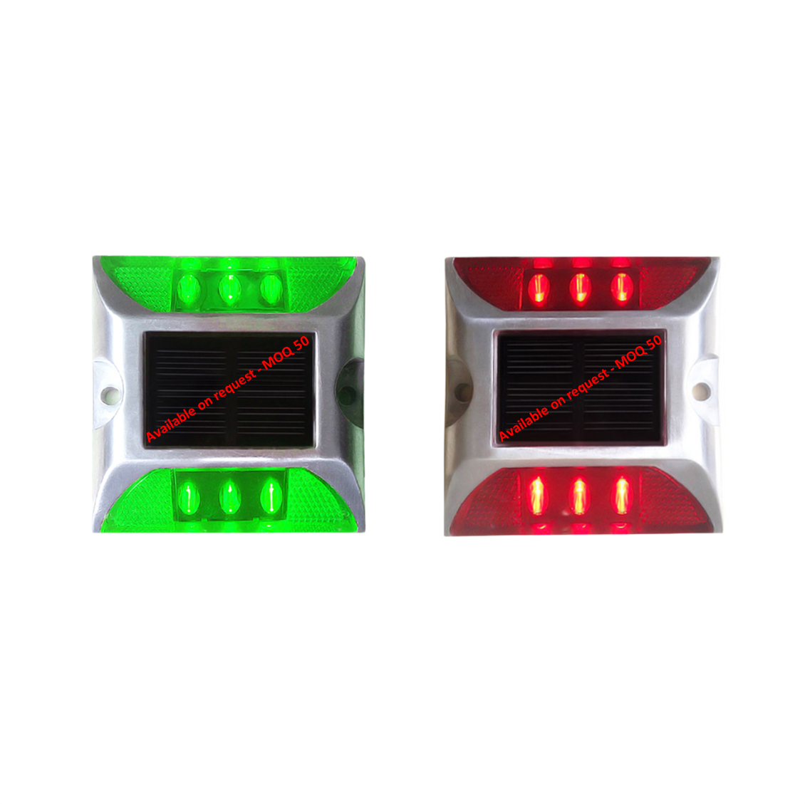 Two solar powered LED road stud lights in red and green