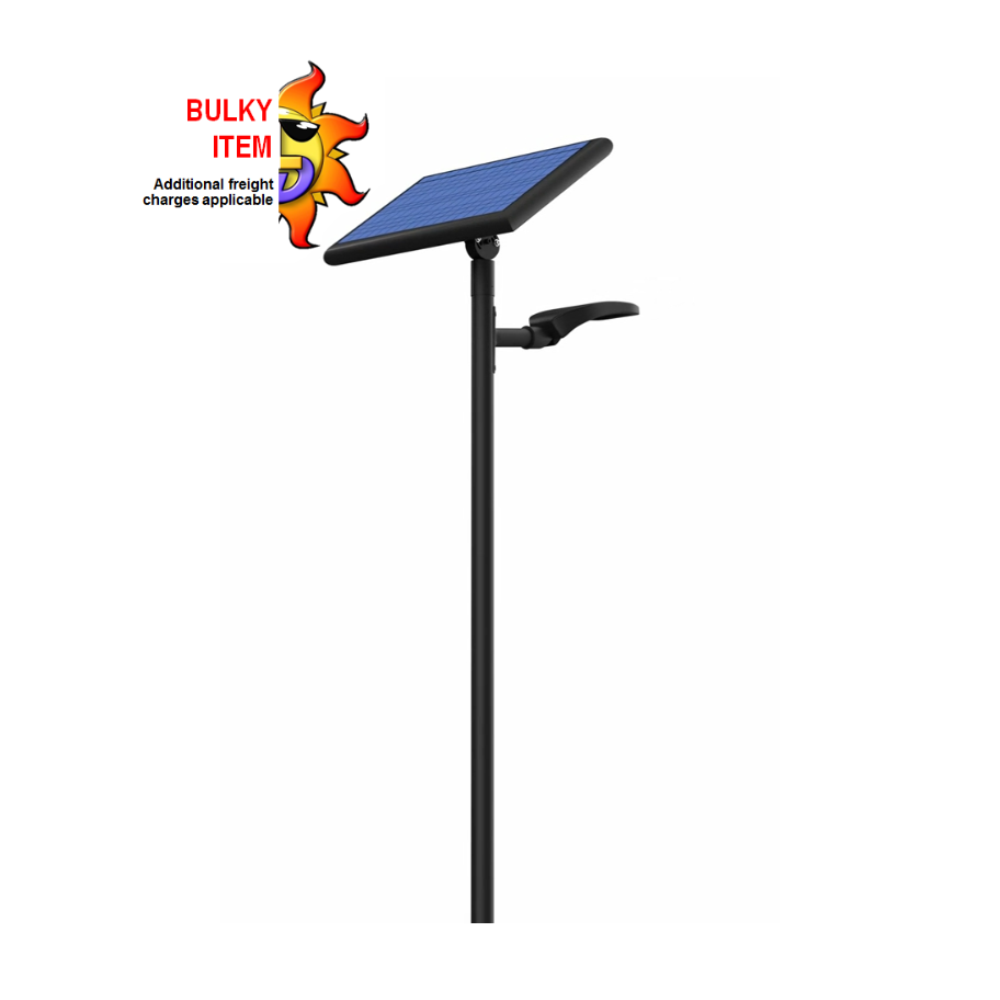 60W solar street light with 6m steel pole, rag bolt assembly, integrated battery pack and solar panel.