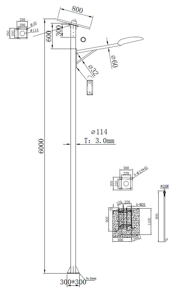 60w Street Light c/w 6m Pole + Solar Panel + Integrated Battery Pack
