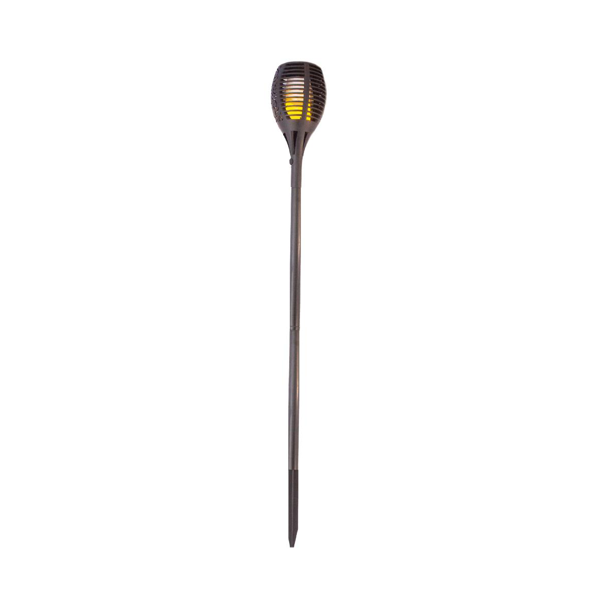 A solar tiki torch with a flickering light designed for outdoor pathway lighting.