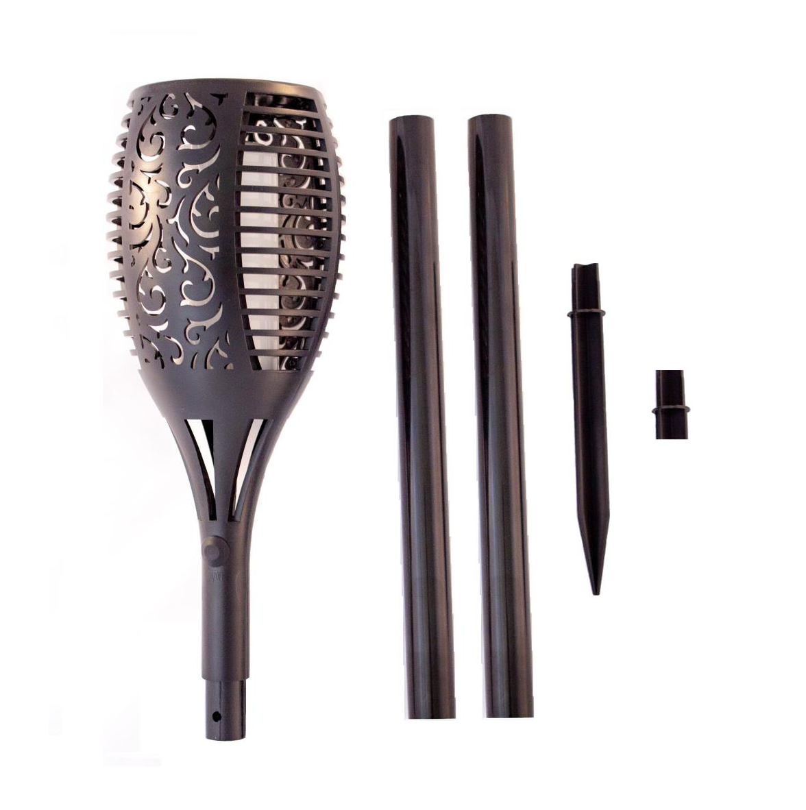 Parts included of a solar tiki torch with a flickering light designed for outdoor pathway lighting.