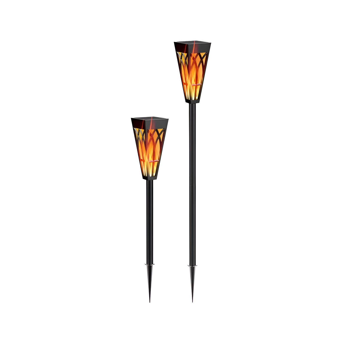 A modern solar tiki torch with a flickering light showing flame effects and 2 height options
