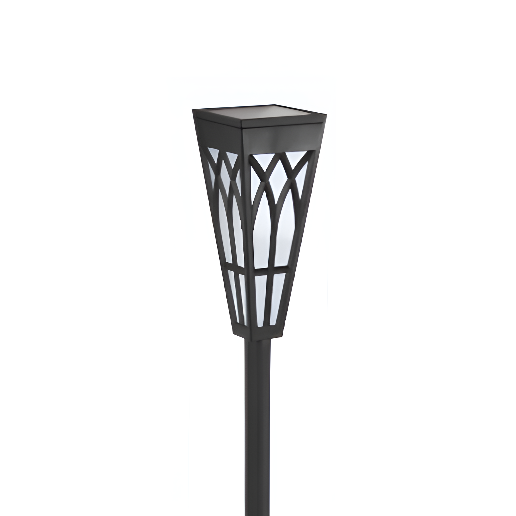 A modern solar tiki torch with a flickering light designed for outdoor pathway lighting.