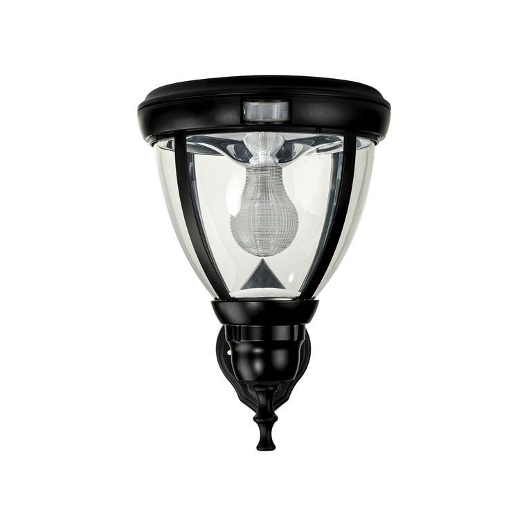 A traditional black solar wall light made of die-cast aluminium and 4 curved glass panels - circular