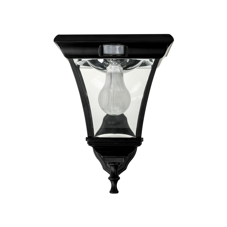 A traditional black solar wall light made of die-cast aluminium and 4 curved glass panels - square