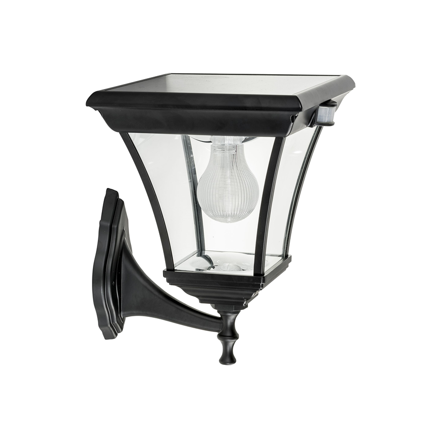 A traditional black solar wall light made of die-cast aluminium and 4 curved glass panels - square