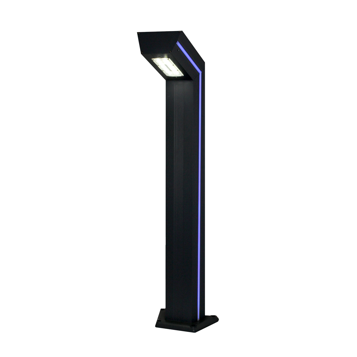 An industrial bollard in grey with a solar panel on top and a polycarbonate lens, featuring a surface mounted base and an optional LED strip for decorative appeal.
