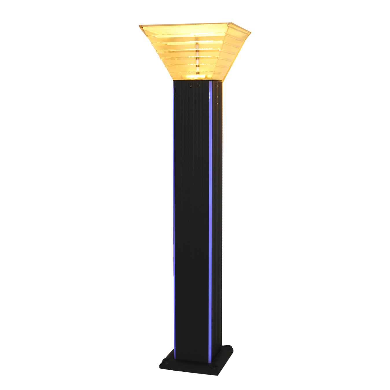 An industrial bollard in grey with a solar panel on top and a polycarbonate lens, featuring a surface mounted base and an optional LED strip for decorative appeal.