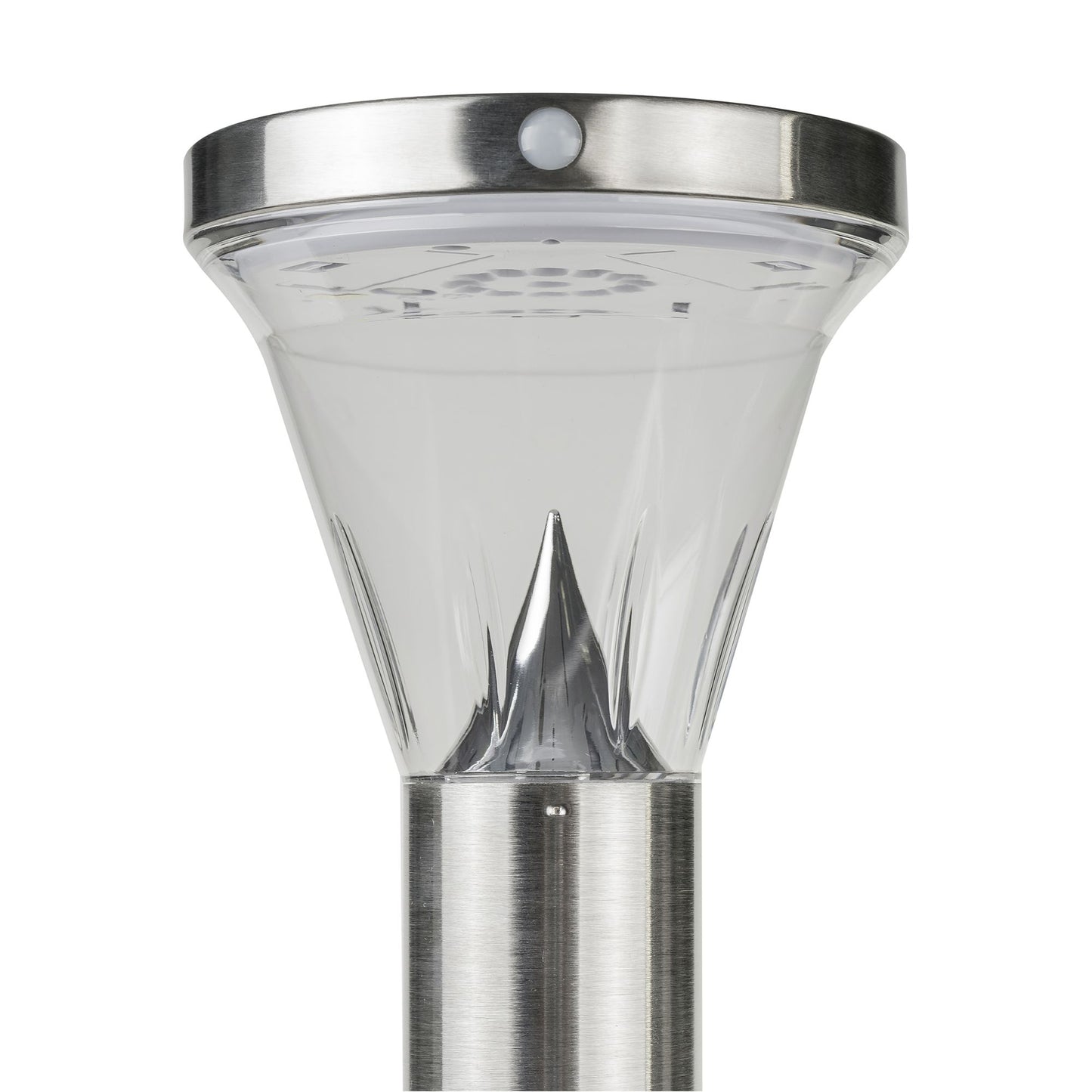 A modern stainless steel bollard light with a built-in solar panel at the top and a clear, cylindrical glass cover over the LED lights.