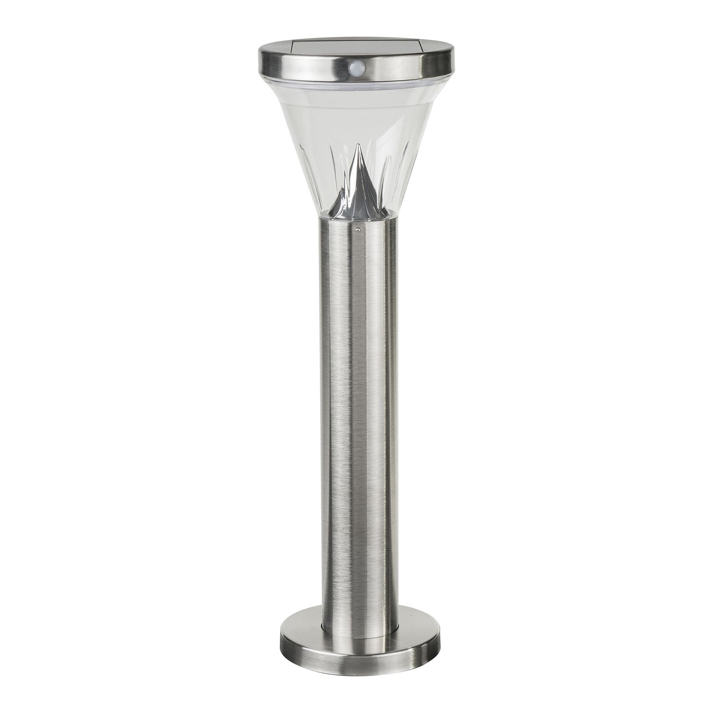 A modern stainless steel bollard light with a built-in solar panel at the top and a clear, cylindrical glass cover over the LED lights.
