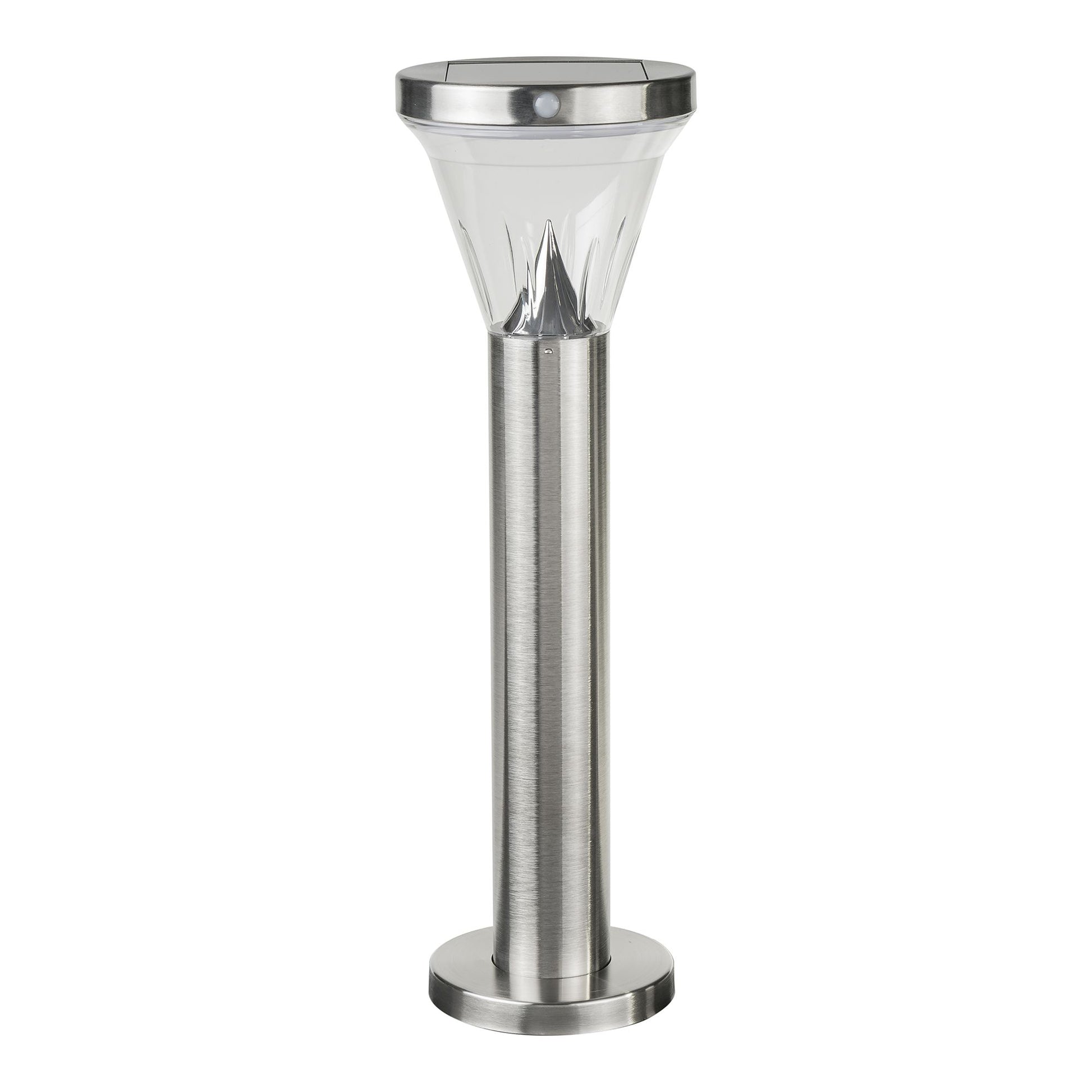 A modern stainless steel bollard light with a built-in solar panel at the top and a clear, cylindrical glass cover over the LED lights.