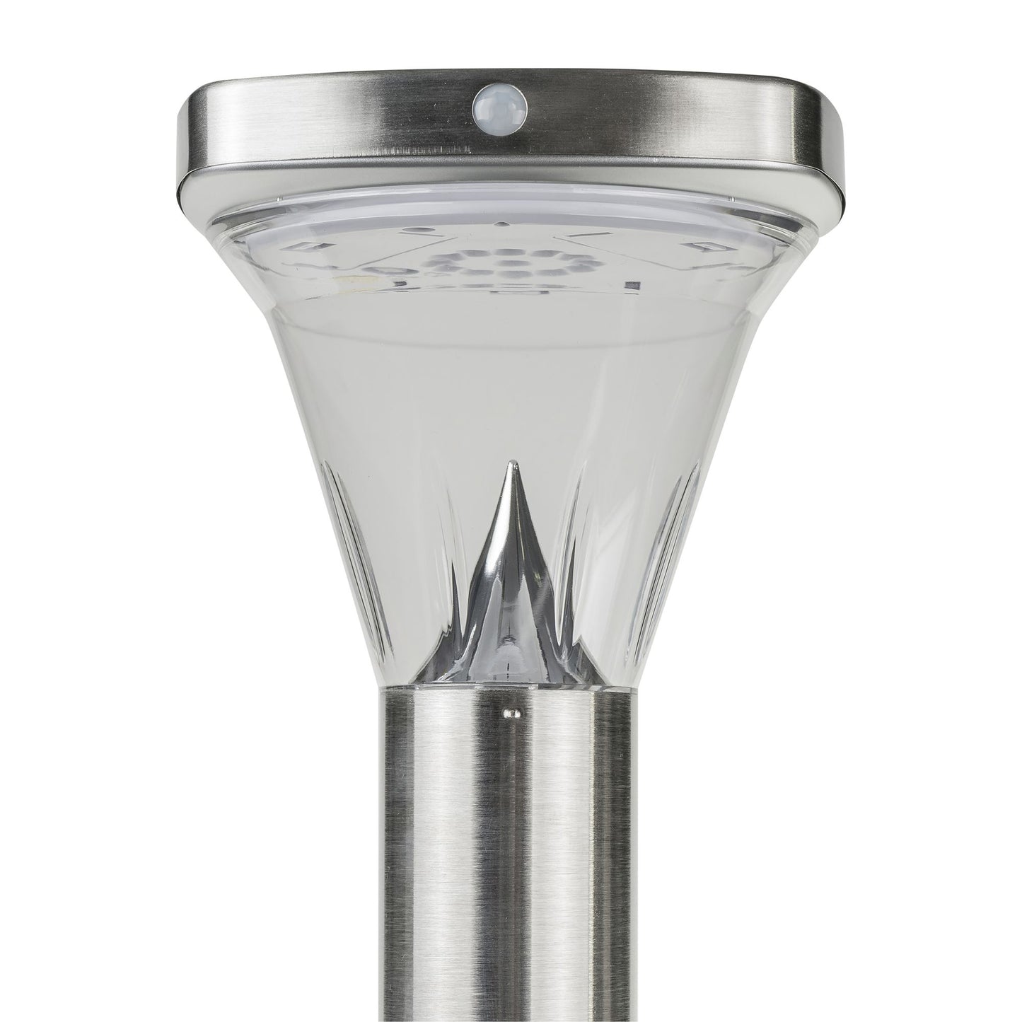 A stainless steel bollard light with a built-in solar panel on top and a tapered lens, mounted on a spike for outdoor placement.