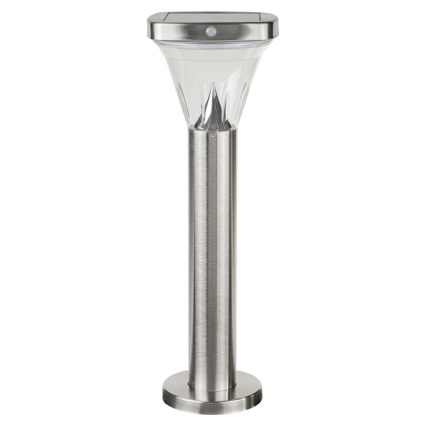 A stainless steel bollard light with a built-in solar panel on top and a tapered lens, mounted on a spike for outdoor placement.